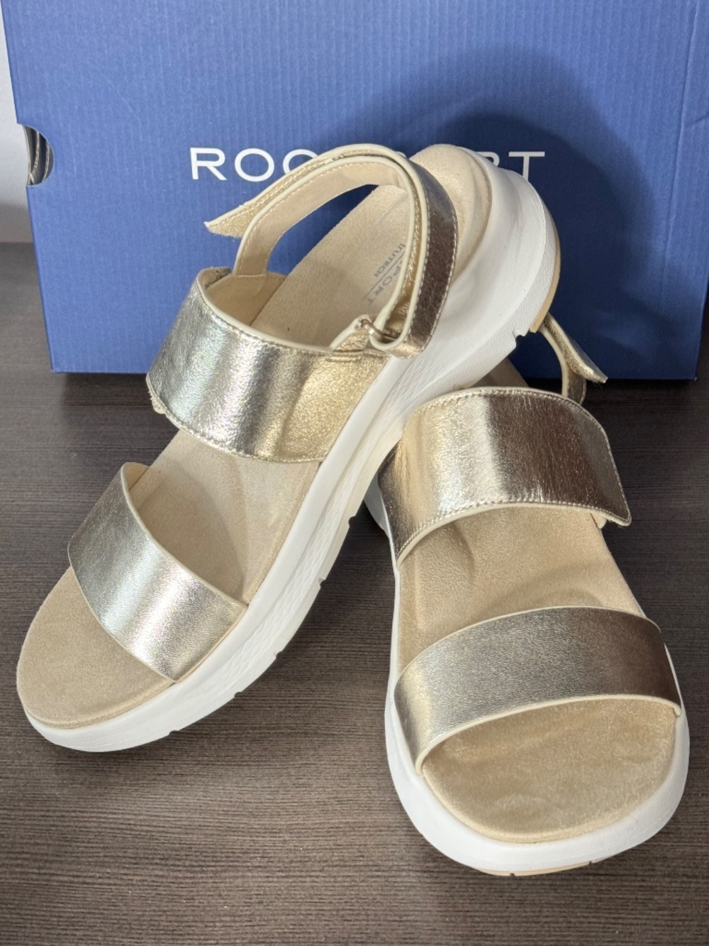 NWT Rockport Qwera Sandal Open Toe Strappy Casual Wedge Adjustable Gold Neutral - Picture 2 of 16